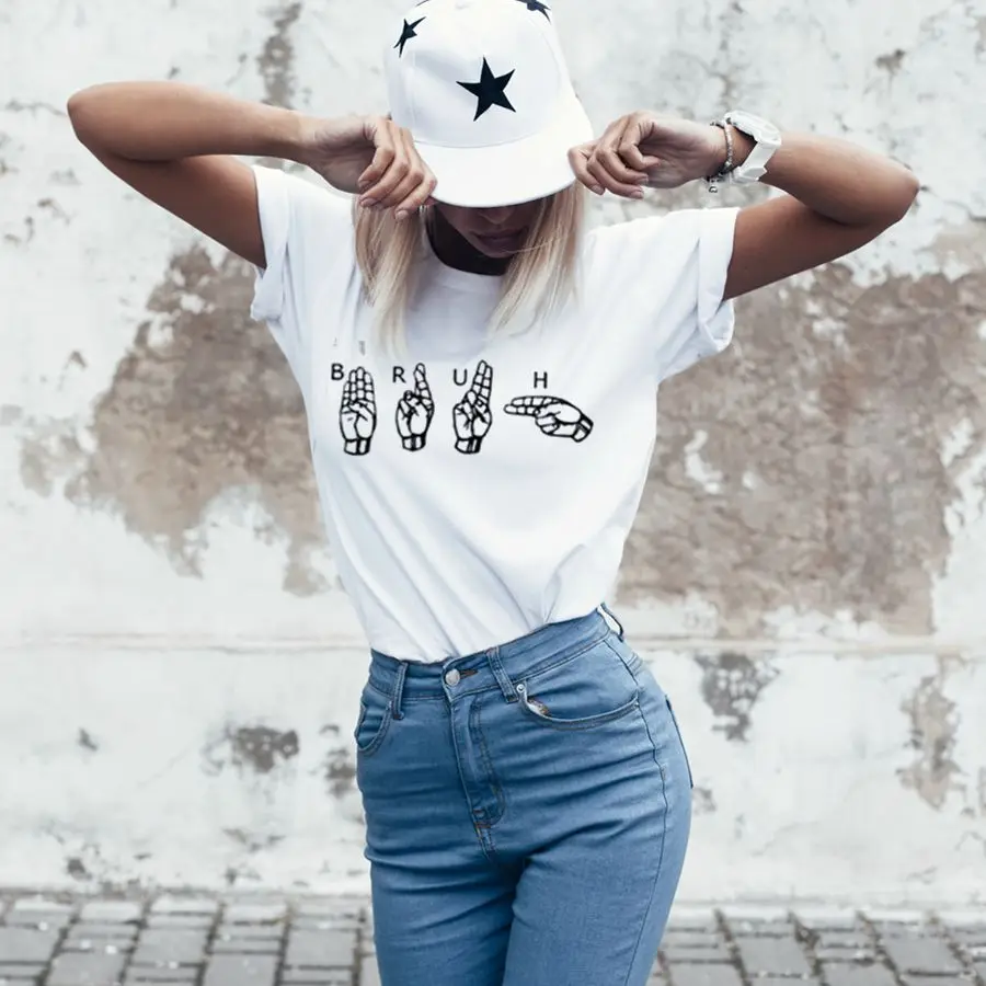 New Summer Fashion Women T-shirt Four Figners Print Funny Casual Hipster Shirt for Ladies Tops