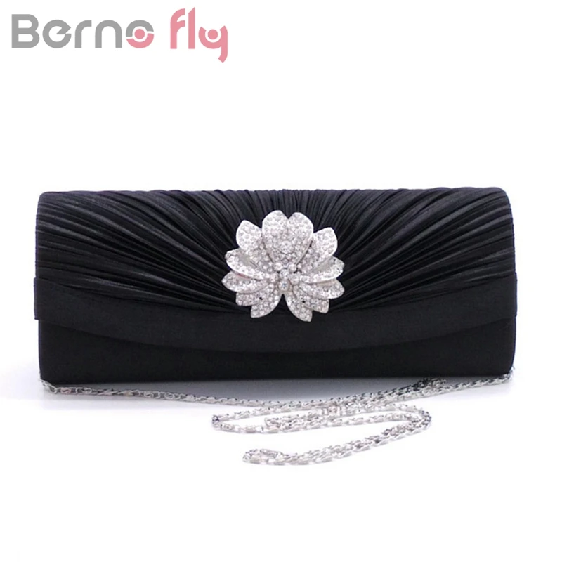 

Berno fly Women Pleated Evening Hand Bag Crystal Dressed Clutch Bags Wedding Party Chain Purse Small Handbag Mini Day Clutches