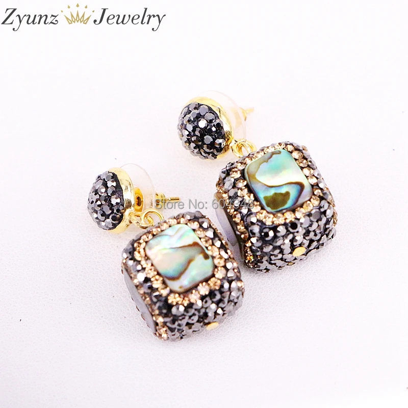 

5Pairs ZYZ314-3918 Natural Abalone Shell Vintage Cube Square Dangle Earrings for Women Crystal Rhinestone Earrings Boho Jewelry