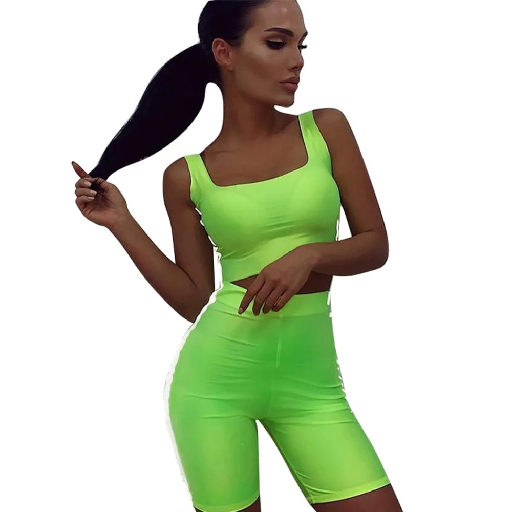 

Summer Women's Bosom-wrapping Sexy Shorts Fluorescent Color Sports Matching Sets Two Piece Set Running Suit 2019 X1