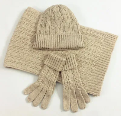 Комплект из 3 предметов 30% шерстяная шапка шарф перчатки зимние толстые вязаные шерстяные перчатки шапка и шарф для женщин холодная погода теплый подарок набор - Цвет: Бежевый