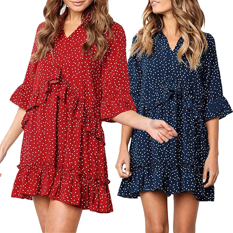 

2019 Summer Dress women Wave Dots Print Flare Sleeves Mini Dress Ruffle V-neck Boho short Dresse Ladies Casual Sundress Vestidos