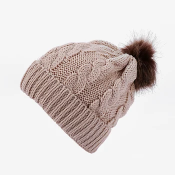 

2019 Women girl Warm Knitted Bobble Kids Fur Pompom Hat Children Real Raccoon Fur Pompon Winter Hat Cap