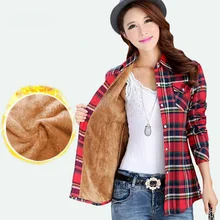 Women Winter Velvet Thick Keep Warm Plaid Cotton Blouse Long Sleeve Turn down Collar Pocket 2018