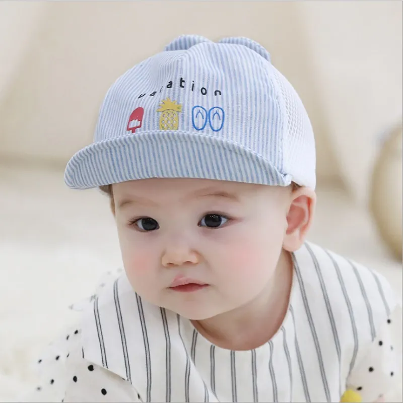 

Cute Baby Girl Boy Summer Sun Hat Stripe Printed Kid Unisex Cap Cotton Comfortable Mesh Breathable Baby Hat