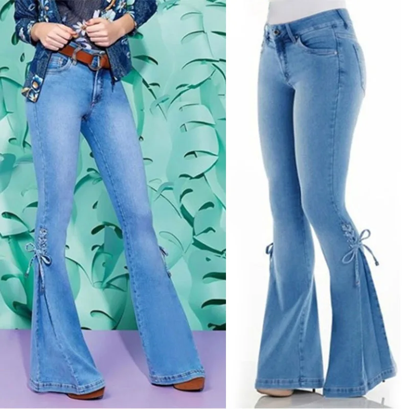 Ladies Mid-Waist Belt Denim Stretch Micro Bell Bottom Jeans Casual Fashion Jeans H9