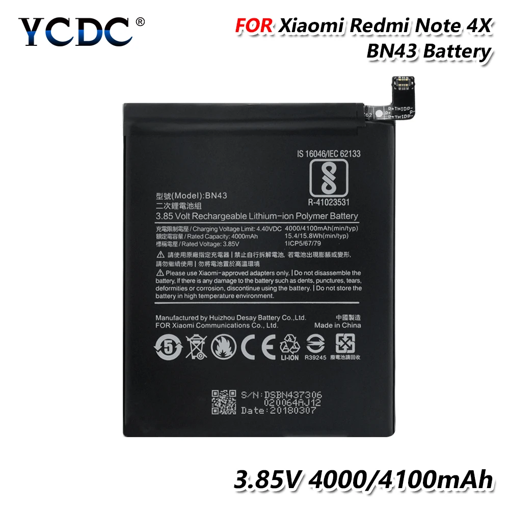 

2019 Lithium Battery BN 43 BN -43 BN43 Rechargeable For Xiaomi Redmi Note 4X Mobile Phone Replacement 3.85V 4100mAh