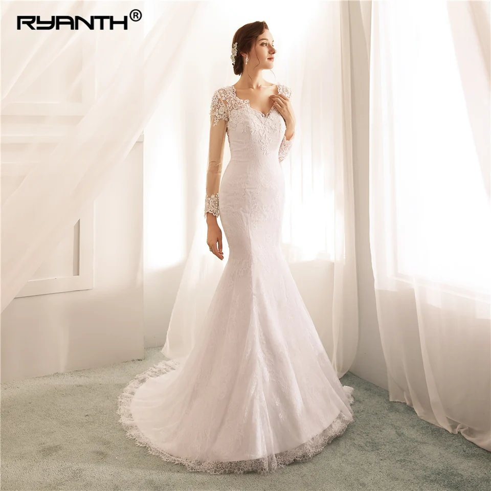 

Cheap Vestido De Noiva Custom Made Long Sleeve Lace Mermaid Wedding Dresses 2019 Sexy V Neck See Through Back Wedding Gowns
