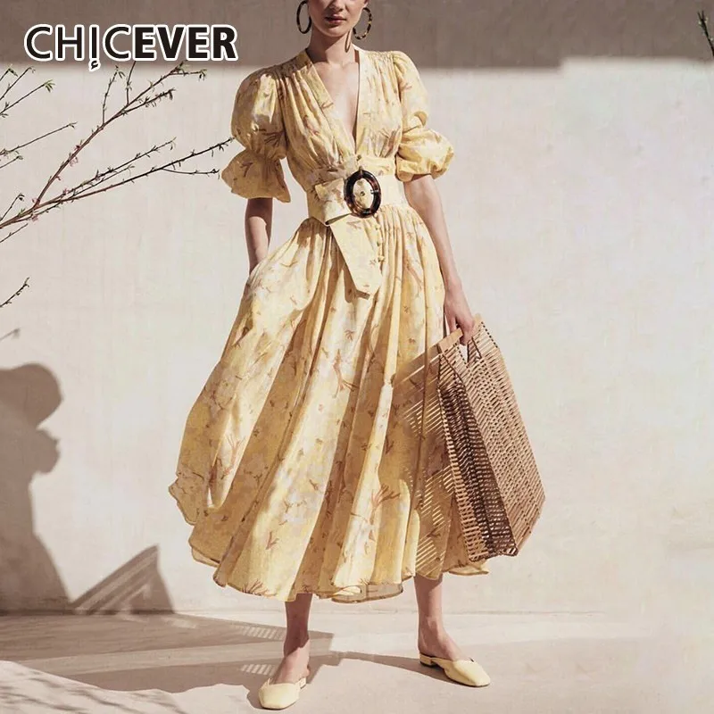 

CHICEVER Summer Casual A Line Women's Dress V Neck Puff Sleeve High Waist Sashes Loose Big Size Dresses Female 2019 Fashion New