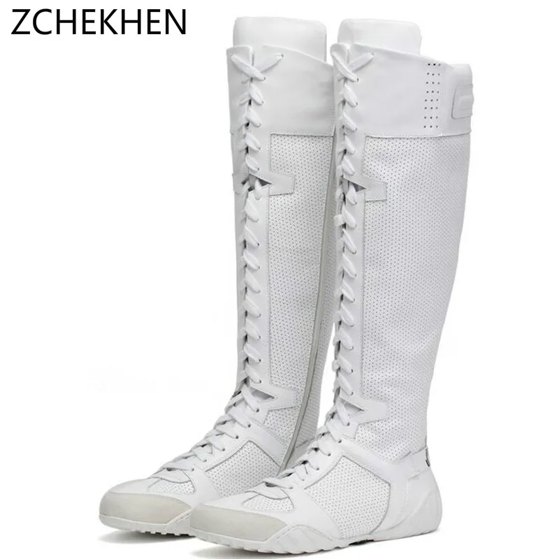 

Luxury brand sneakers cross tied over Knee High Motorcycle boots White shoe Genuine Leather Long Women Boots Winter Botas Mujer