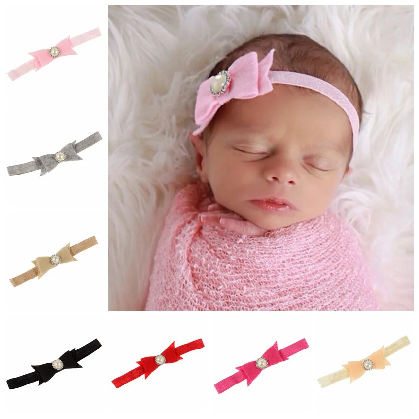 Yundfly Newborn Felt Bow Elastic Headband With Pearl Rhinestone Center Hair Bands Birthday Gift Baby Photo Props | Мать и ребенок