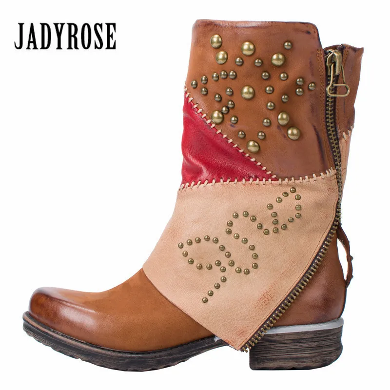 

Jady Rose Color Block Rivets Studded Women Leather Riding Boots Autumn Winter Female Platform Rubber Boots Shoes Woman Flats