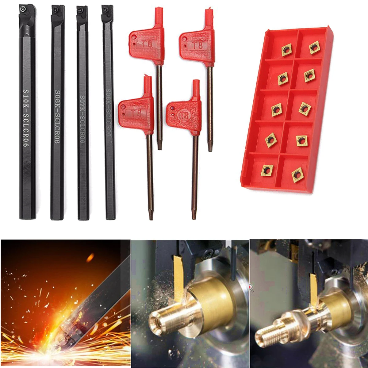 

New Arrival 6/7/8/10mm SCLCR06 Turning Tools Lathe Boring Bar + T8 Wrenchs + 10 CCMT060204-HM Insert Set