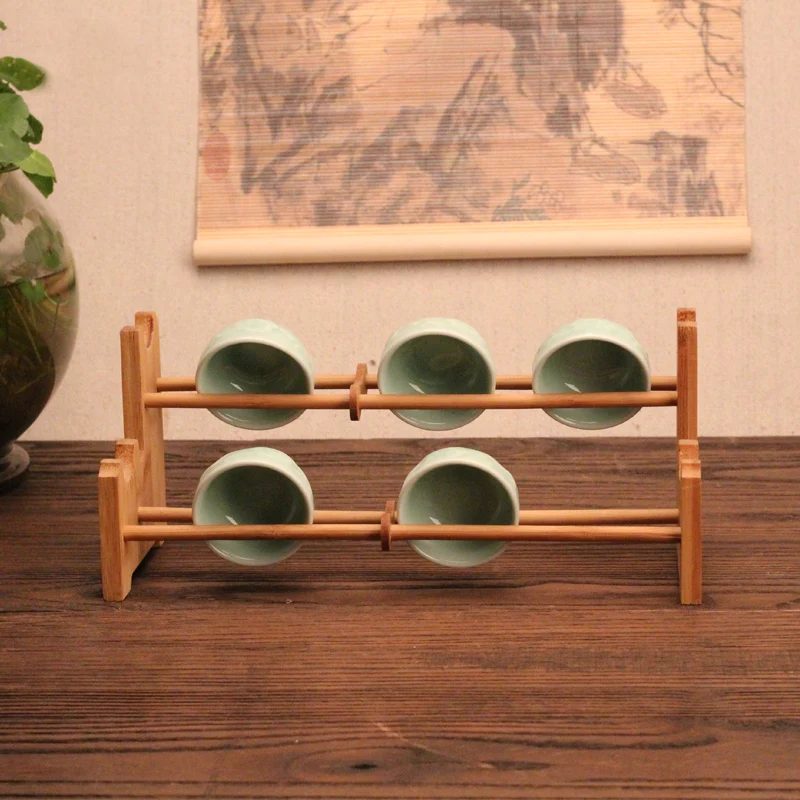 Natural Bamboo Tea Cups Shelf Double deck Kungfu Cup Holder Organizer