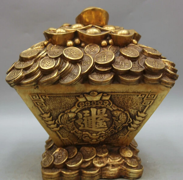 

JP S0524 12" Chinese Copper Feng Shui Yuan Bao Wealth Money Two Fish Treasure bowl