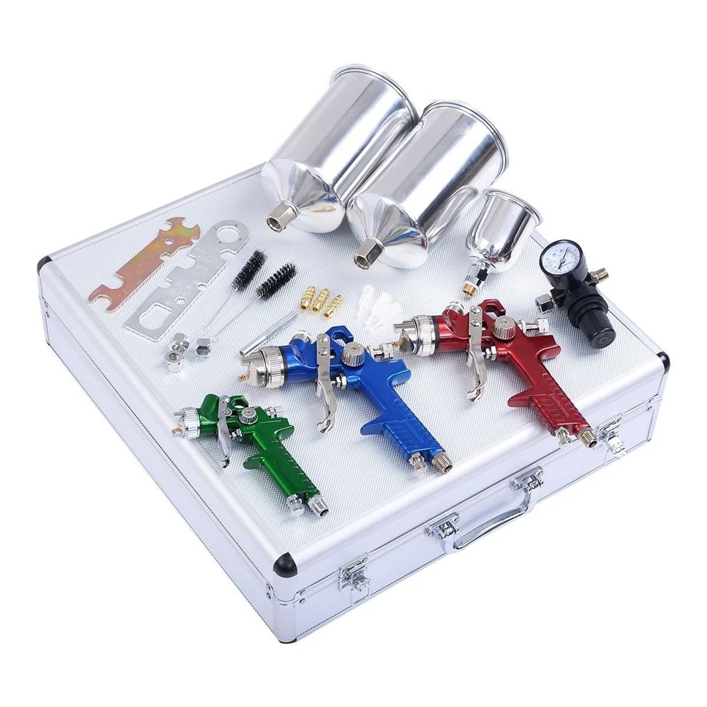 

HVLP Spray Gun Set 3 Sprayguns with 1000ml Cup Auto Paint Air Regulator Kit Basecoat Car Primer Clearcoat Aluminum Pot Airbrush