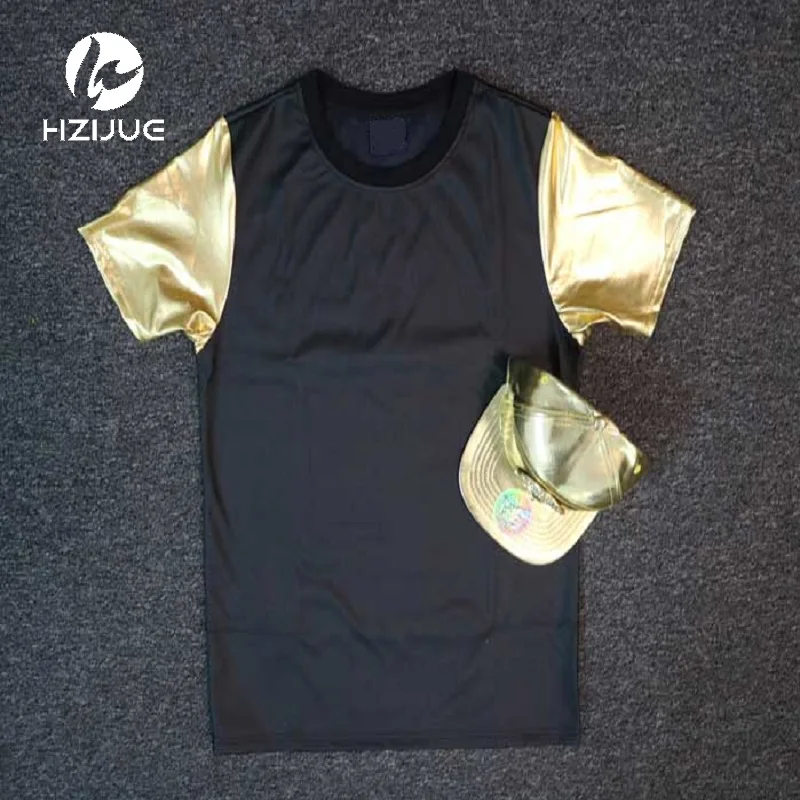 

HZIJUE brand clothing 2016 new summer t-shirt men fashion PU leather Hip hop T-shirt short sleeve tshirt homme