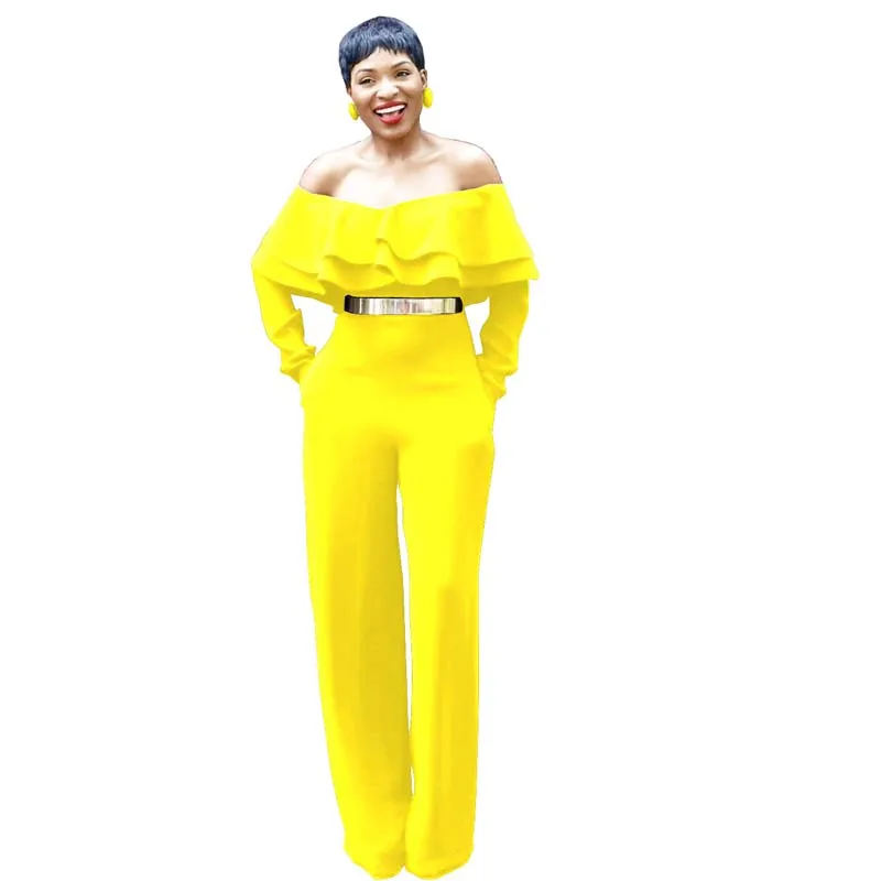 

Sexy Off Shoulder Ruffles Jumpsuits Africa Clothing Women Solid Yellow Fashion Romper Bodycon Long Sleeve Strapless Long Pants