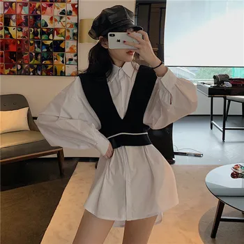 

Women 2019 Spring Fashion 2pc Shirt Sets Retro Long Blouse&Deep V Neck Knitted Short Tank Vests Female Casual Tops Suit Outfits