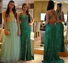 Sexy Long Green Pailletten Sparkly Formale Abendkleider Wulstige Kristalle Backless Mantel Jugendliche Elegante Abendgesellschaft Kleider Günstige