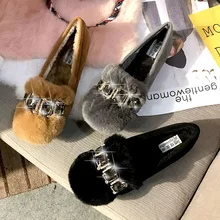 Женские зимние сапоги на кроличьем/повседневные женские лоферы с мехом; большие размеры; плюшевые туфли на плоской подошве женские слипоны на плоской подошве; стразы на нескользящей подошве; мокасины; женская обувь на кроличьем меху;