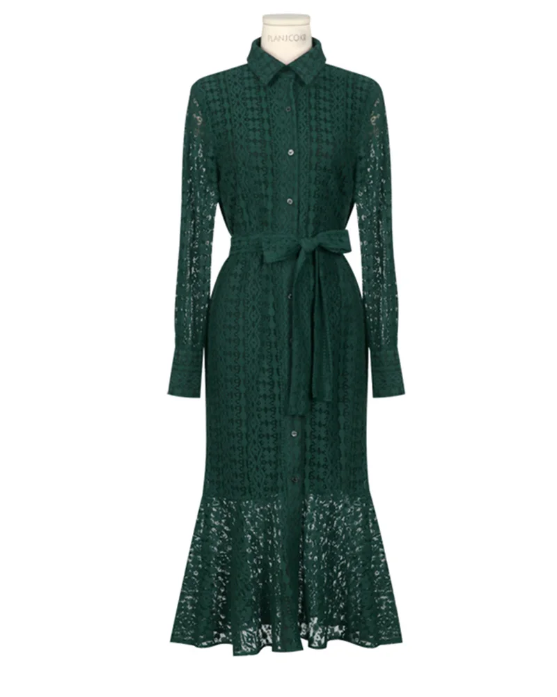 Винтажное кружевное женское длинное платье с вырезом, однобортное Бандажное элегантное платье с русалочкой, женское платье с длинным рукавом, осеннее платье, Vestidos femme - Цвет: Зеленый