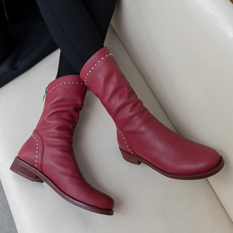 

British Style Fashion Women's Mid-Calf Boots Round Toe Low Heels Shoes Woman Rivet Sheepskin Soft Leather Ladies Martin Boots