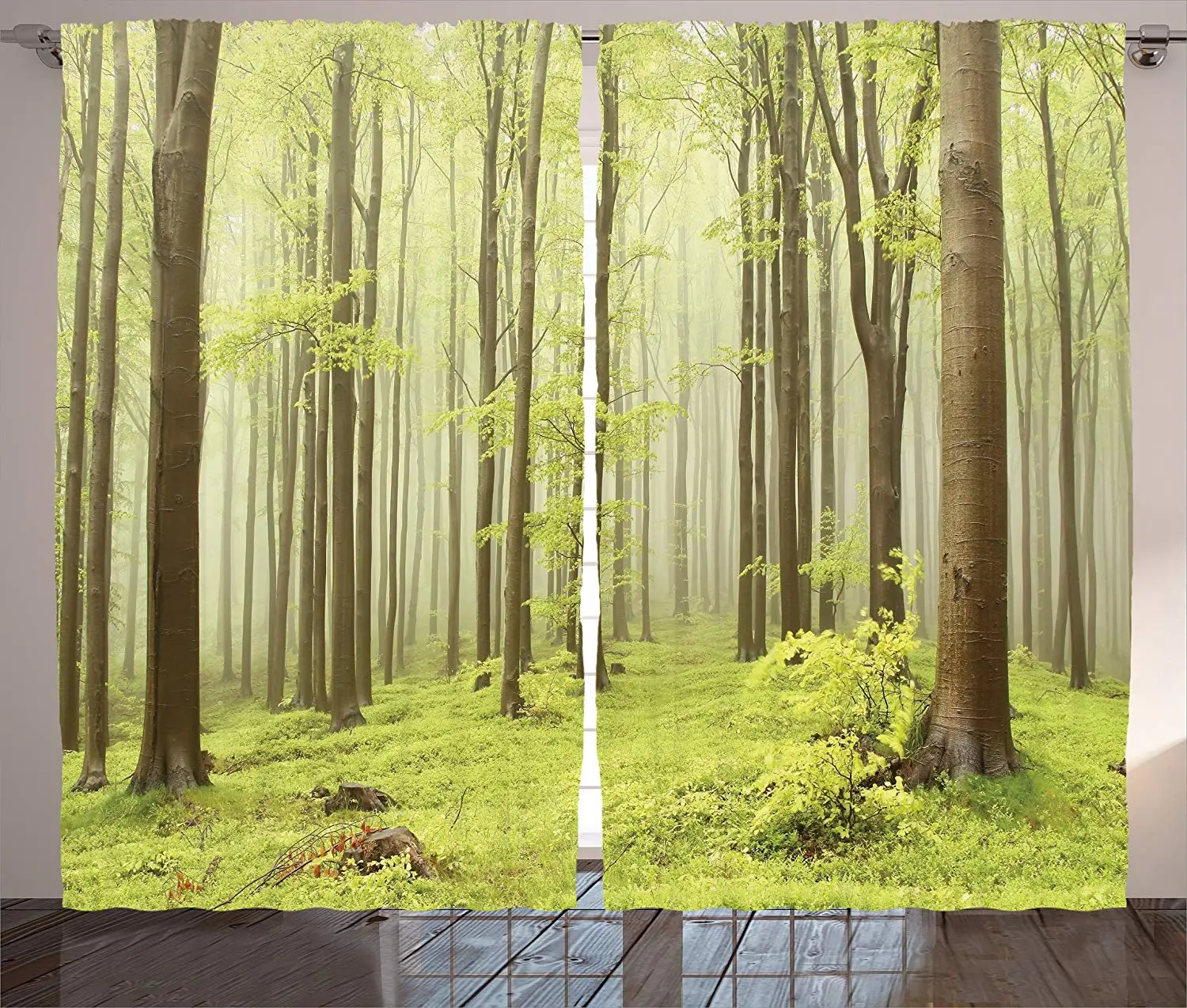 

Woodland Decor Curtains Misty Spring Beech Forest in The Mountains of Central Europe Wilderness Nature Picture Living Room