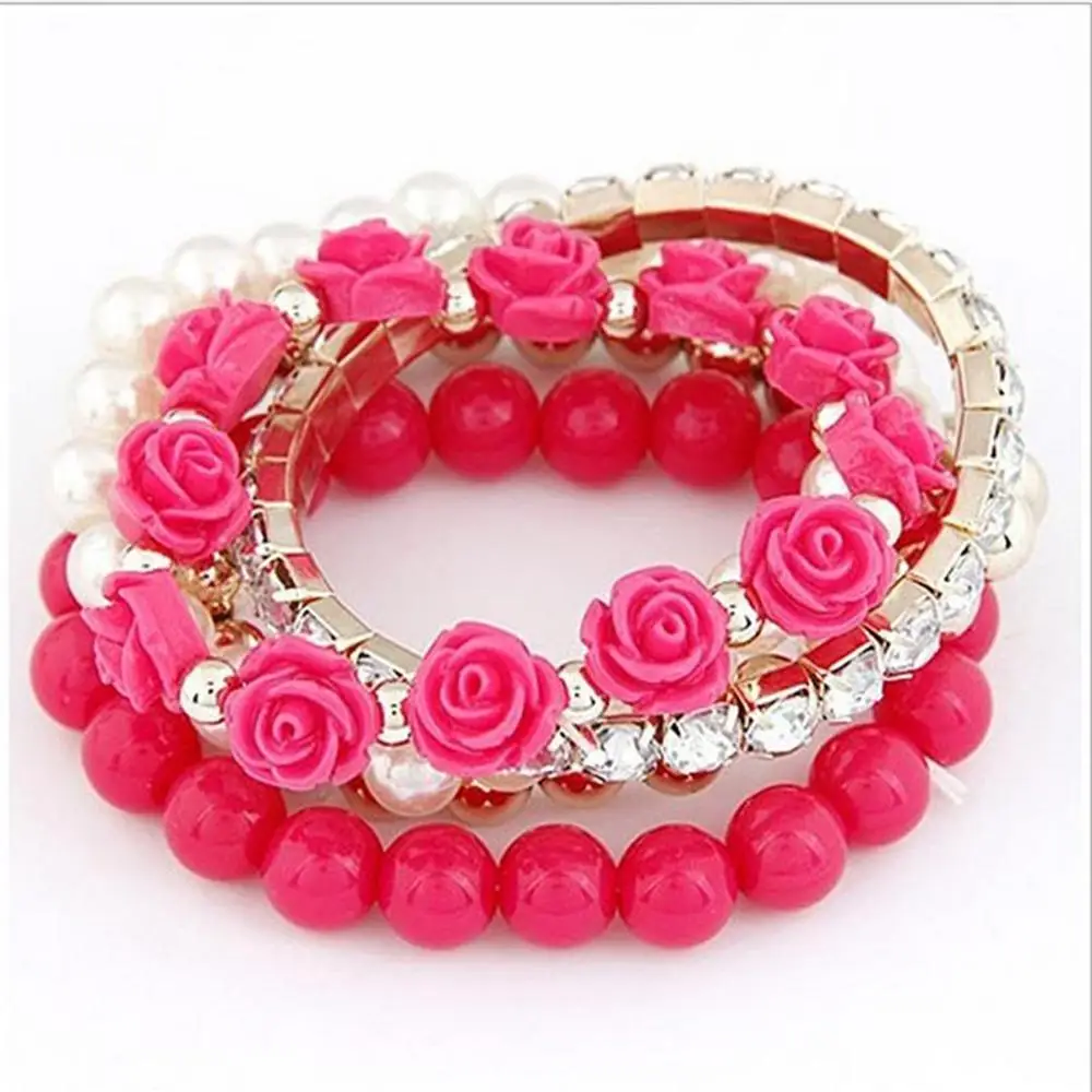 Модный карамельный цвет Имитация Жемчуга Цветок розы многослойный бисер растягивающийся браслет и браслет для женщин Pulseras Mujer