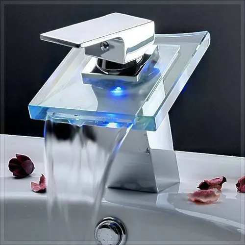 Bathroom Battery RGB LED light sink basin mixer tap chromed brass glass waterfall Faucet shower torneiras t | Обустройство дома