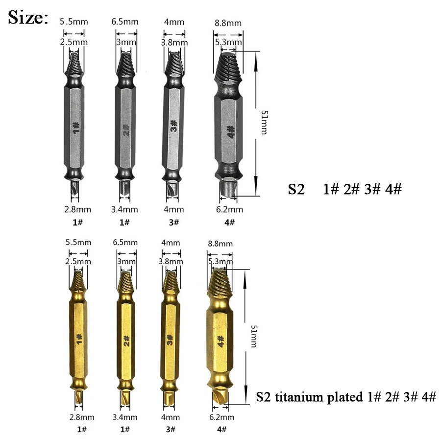 Поврежденный Винт экстрактор и удалитель Набор инструментов 4 или 5 штук, S2 HSS 4341 изготовлен из премиум с титановым покрытием сломанный винт