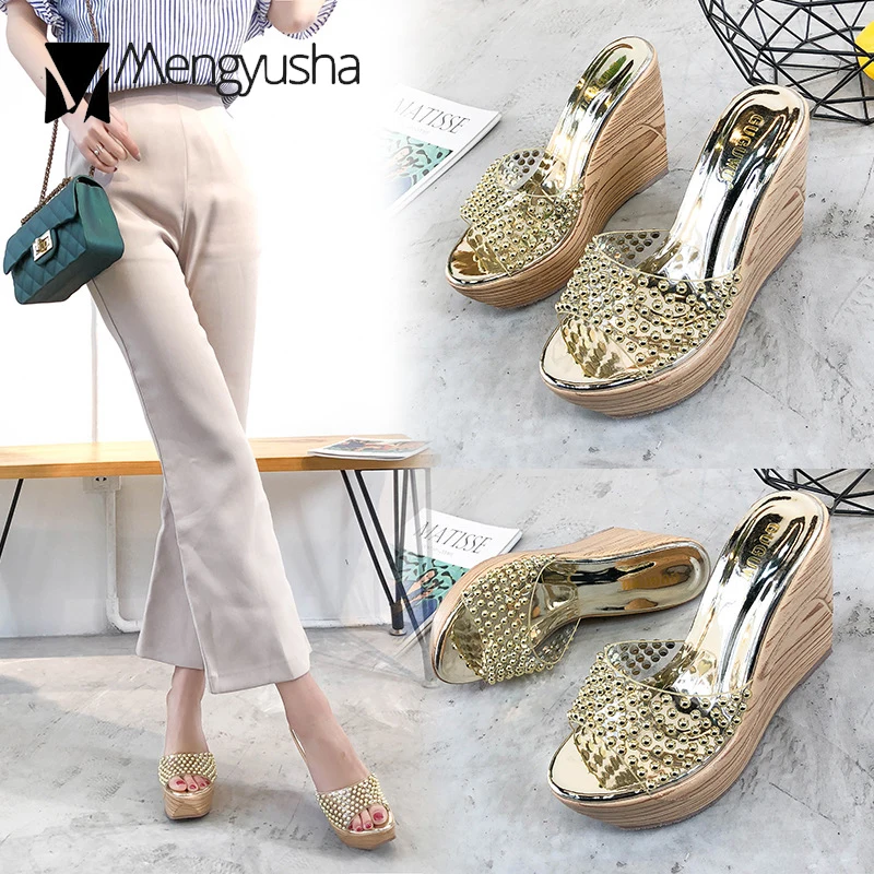 

gold/silver rivets transparent sandals women high heels slippers clear flip flops metal studs flip flops sandalles femme c917