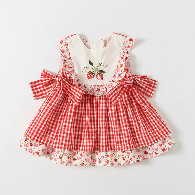 

BABY GIRLS DRESSES SUMMER PLAID DRESSES TODDLER SWEAT HEART SKIRTS EMBROIDERY BOWS STRAWBERRY CLOTHES WITHOUT SLEEVE