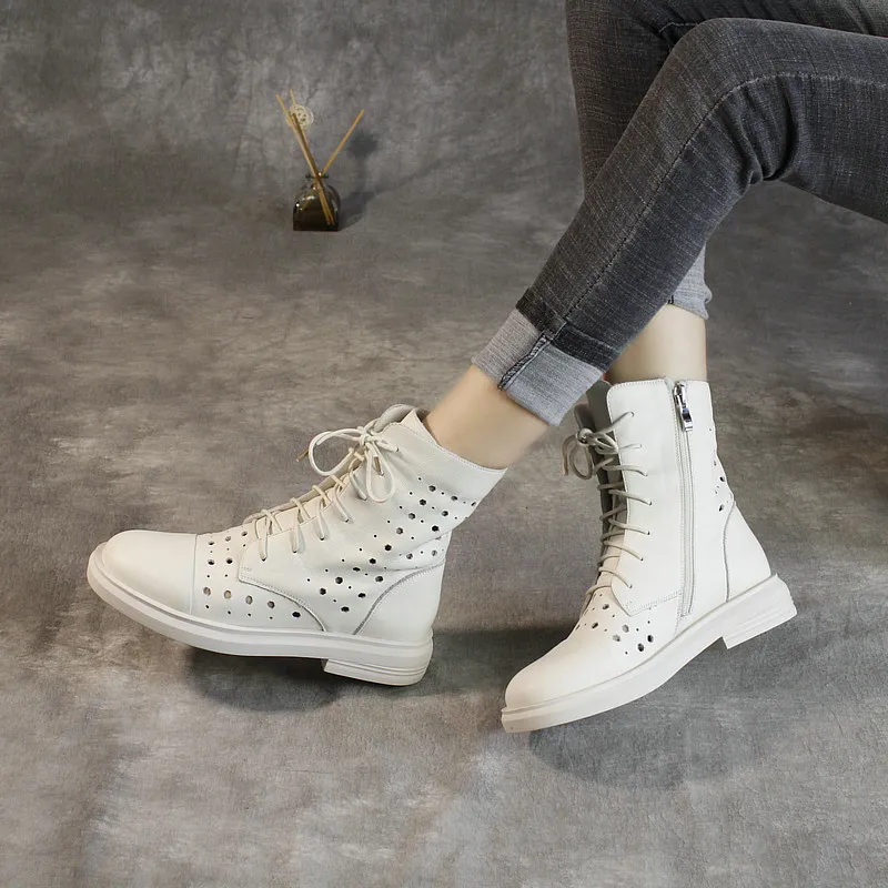 

Women Leather Ankle Boots Summer Shoes Women 3 Cm Low Heels Hollow Out Sandal Boots Genuine Leather Women Martin Boots Handmade