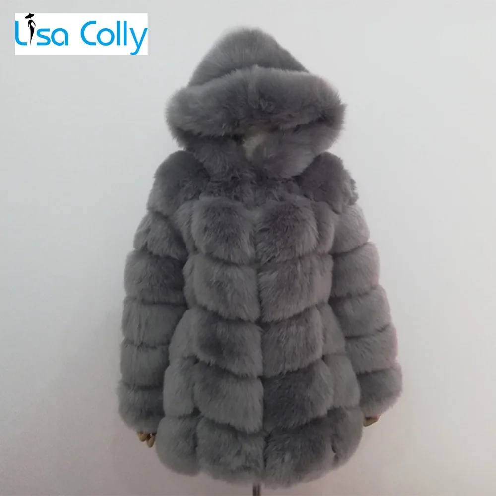 

Lisa Colly Women Winter Artifical Fox Fur Coat Overcoat New Long Faux Fur Coat Jacket With Hooded Woman Thick Furs Coat Outwear