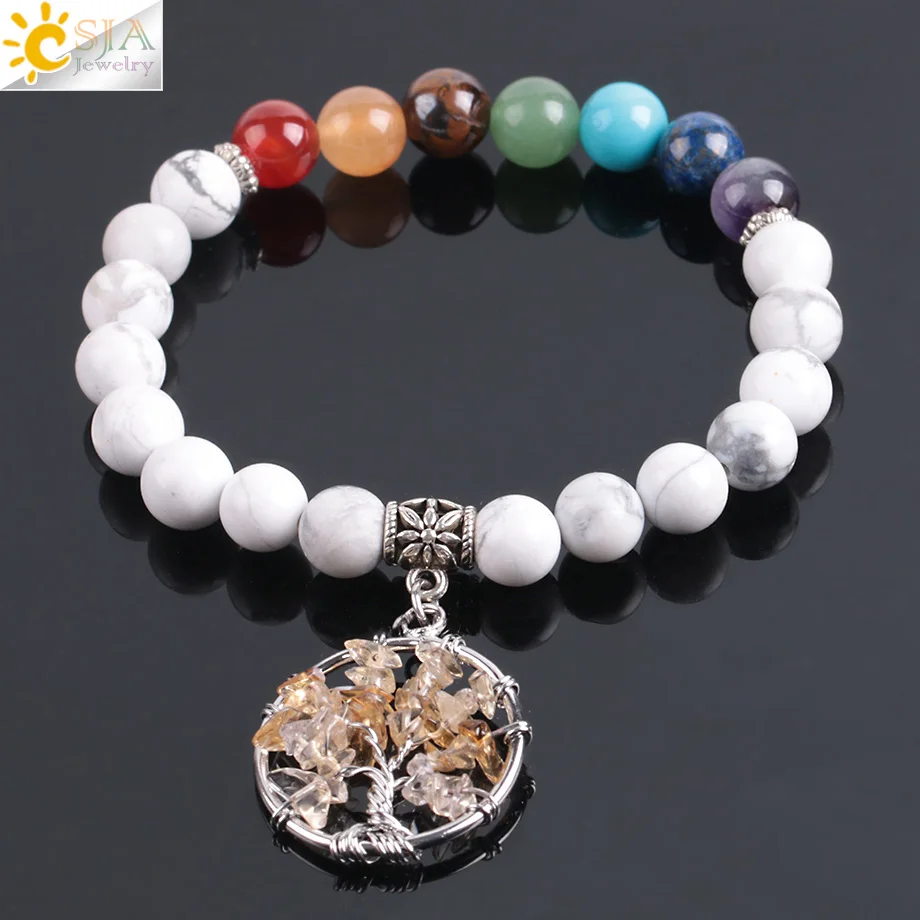 Csja Healing 7 Чакр Тибетский белый Howlite браслеты желтый осколок кристалла молитва йоги бисера дерево жизни Ювелирные изделия для медитации E908