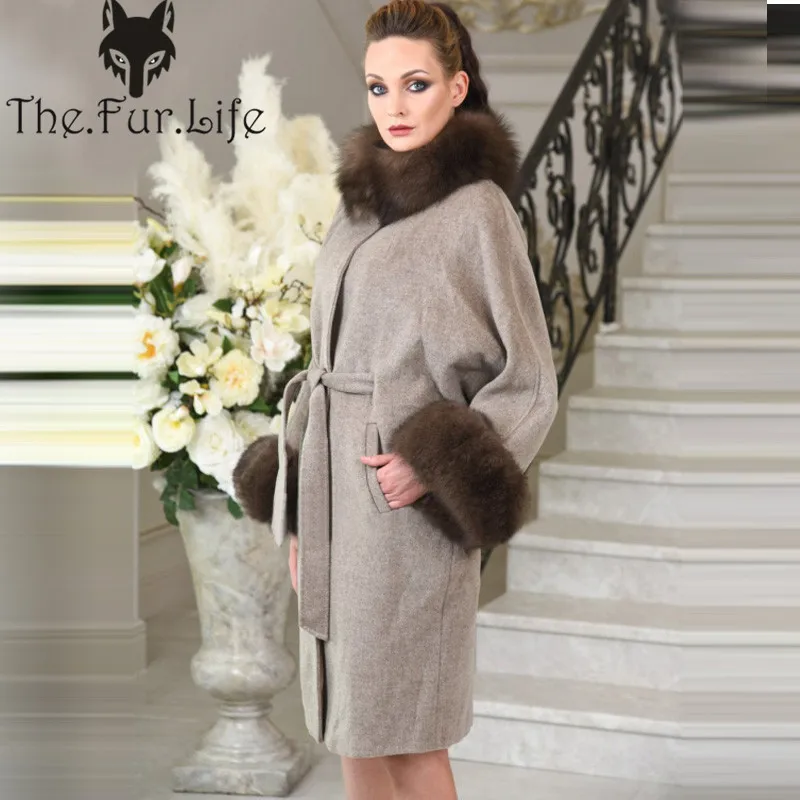 Luxury Real Wool Blend Fur Coat With Fox Fur Collar And Sleeved Fox Fur Jackets With Belt Big Sale For Women's
