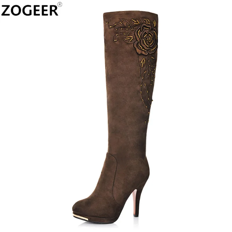 

ZOGEER Top Quality 2019 New Fashion Women Boots Sexy High Heels Knee High Boots Flock beading Rose Embroider Ladies Shoes Woman