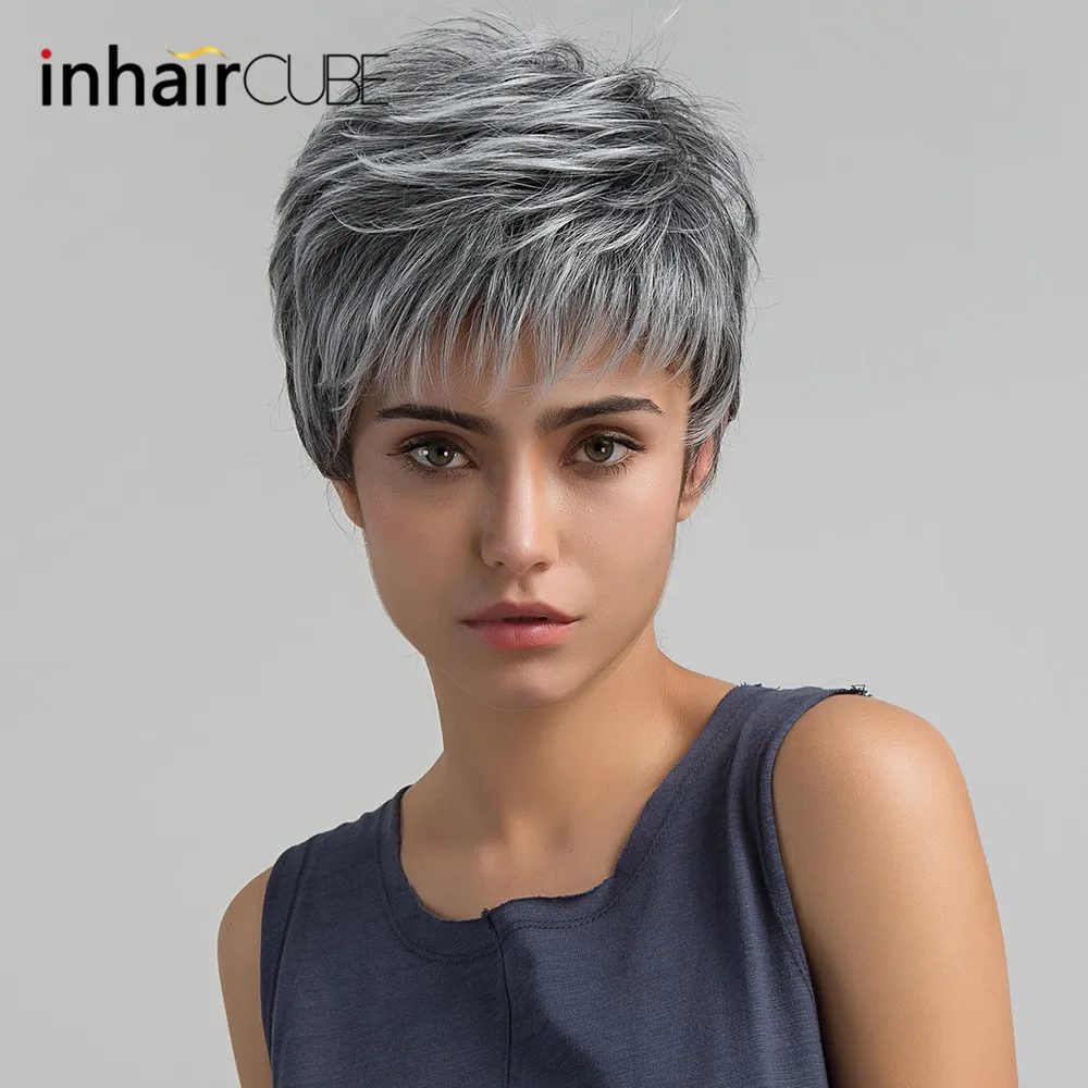 Istoleyourapple 激安 Esin ショートヘアのかつらピクシーカットライトグレーのかつらオンブル ハイライトサイド前髪合成ショートストレートかつら女性のための 2 色 オンラ イン 価格