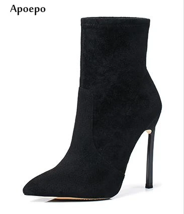 

New Spring Newest Black Suede Boots 10/12cm Thin heels sexy high heel boots for woman Pointed toe short boots