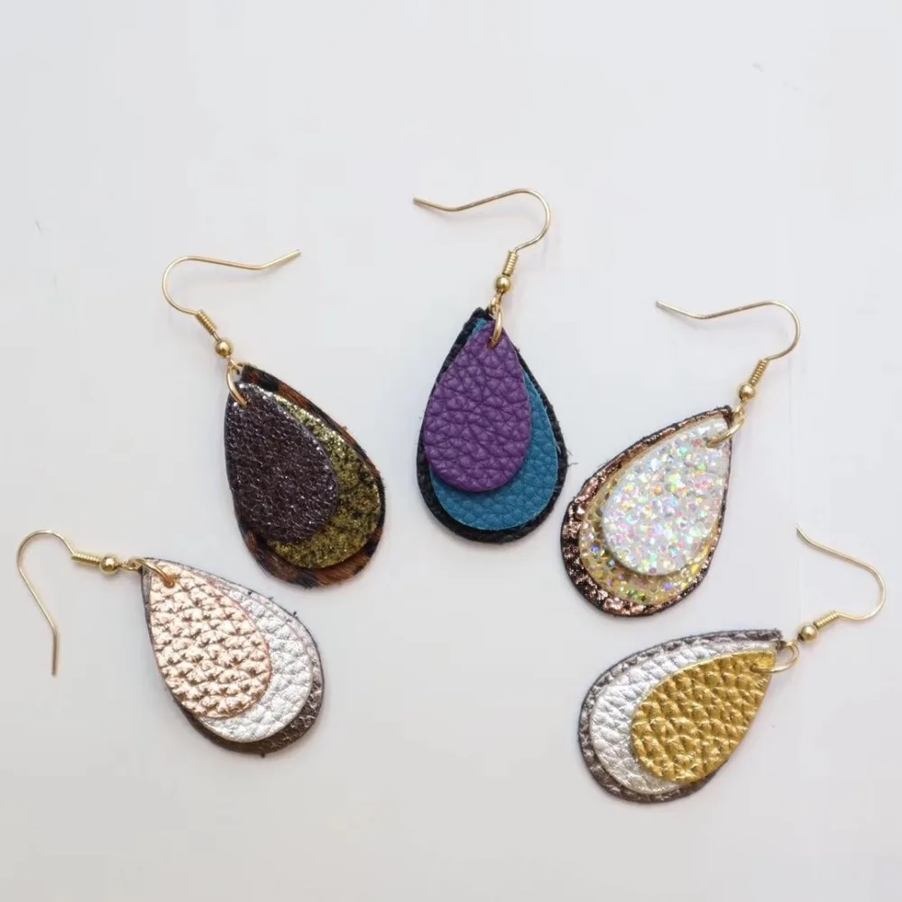 

ZWPON 2018 New Treble Layered Genuine Leather Teardrop Earrings for Women Fashion Statement Earrings Jewelry Wholesale