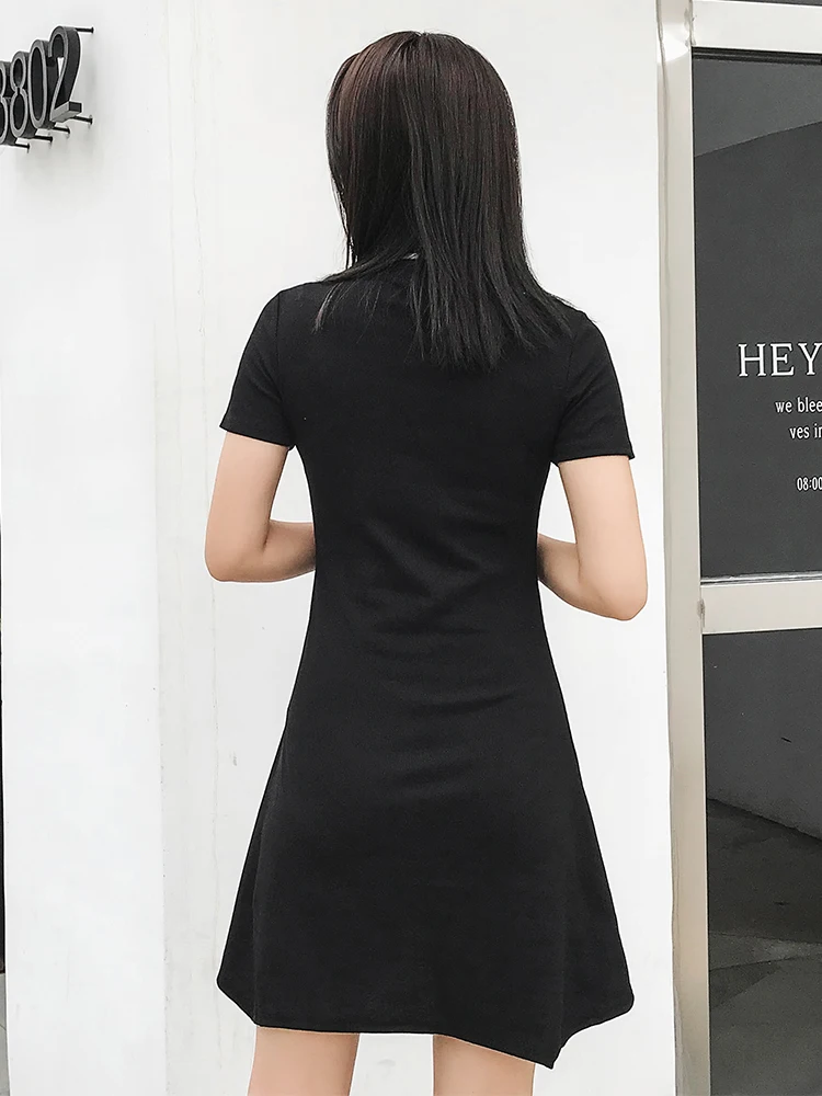 Элегантный дизайн женское платье Лето 2019 новый Polo Neck короткий рукав черный