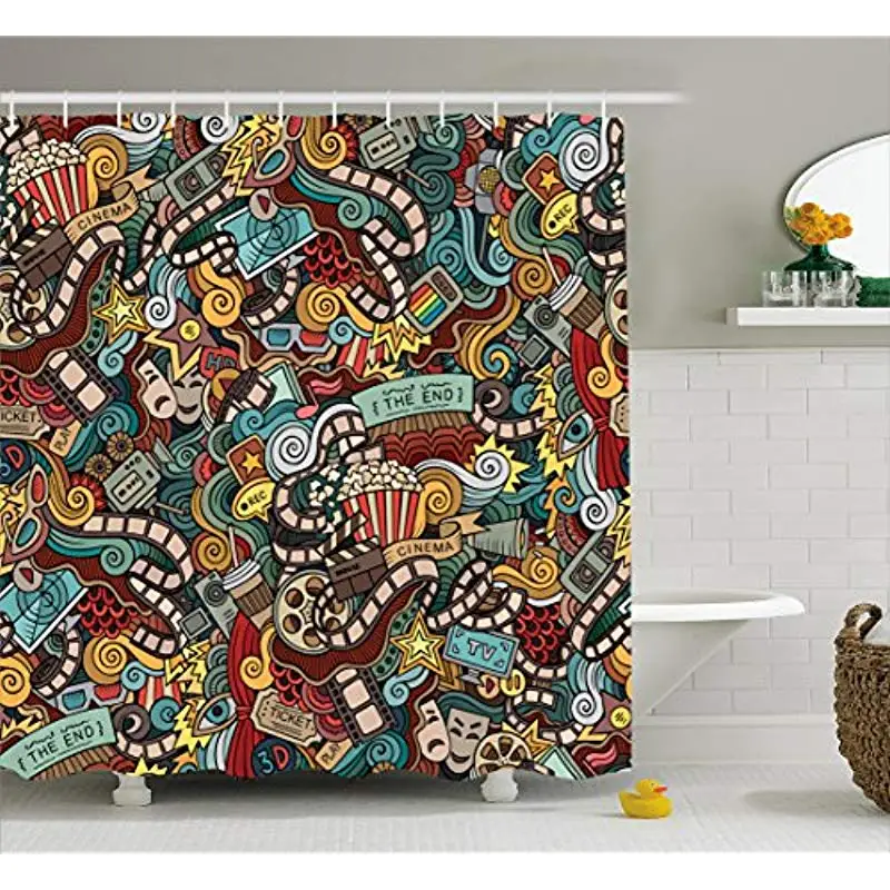 

Vixm Doodle Shower Curtain Cinema Combined in an Abstract Popcorn Movie Reel The End Theatre Masks Fabric Bath Curtains