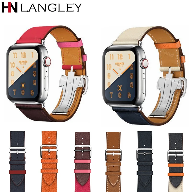 

Geunine Leather Single Tour Deployment Buckle Watch Band for Apple Watch 44MM 40MM Replacement Wristband for iWatch Strap 38/42