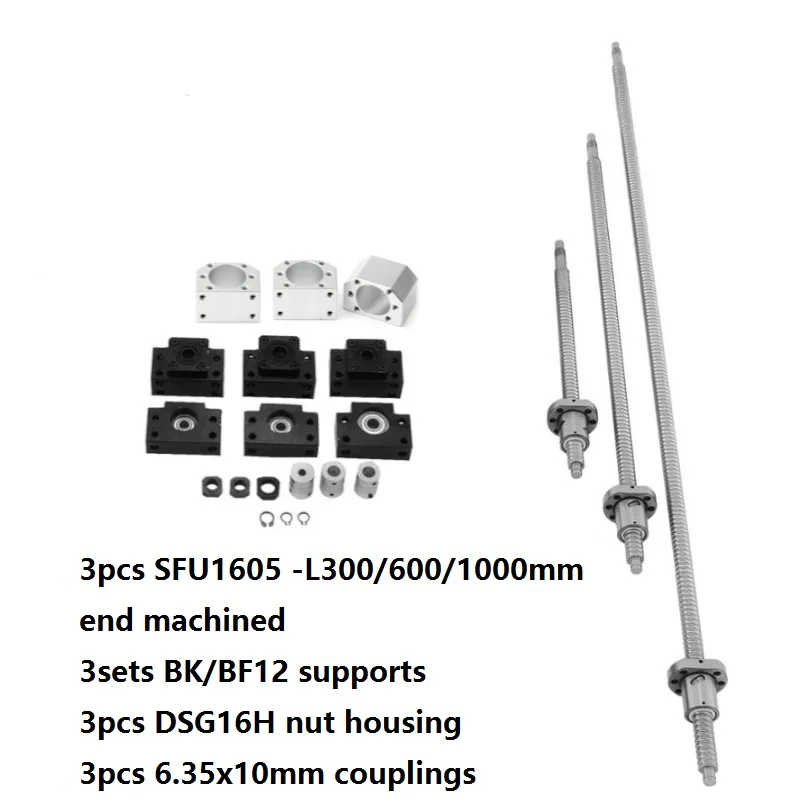

SFU1605 set: 3pcs ball screw RM1605-L 300/600/1000mm +3pcs nut housing +3sets BK/BF12 +3pcs couplings for CNC parts
