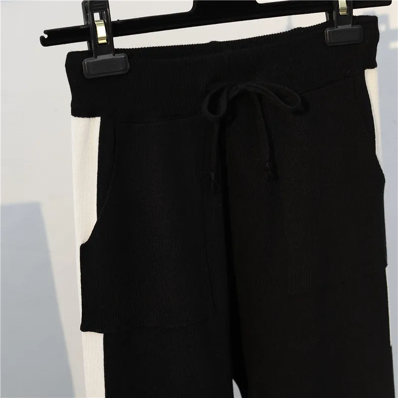 M-4XL, плюс размер, женский свитер, брюки, комплект из 2 предметов, весна, серый вязаный спортивный свитер+ Повседневный Спортивный костюм, брюки-карандаш, костюмы