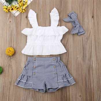 

2019 Summer Sleeveless Strap Tops Striped Shorts Headband Costume Clothing 3PCS Outfits Toddler Kid Baby Girl Clothes Set