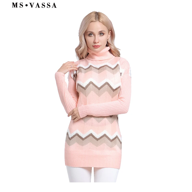 

MS VASSA Plus size Sweaters Ladies 2018 New Knitted stripe Women pullovers Autumn Winter Turtleneck jumpers oversized 5XL
