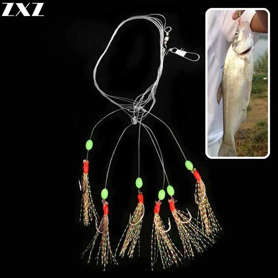 

6PCS/Set Sabiki Hook Fishing Lure Soft Colored Silk Luminous Shrimp 7#-15# Hook 1.5M Main Length Fishing Tackle Soft Bait Rigs