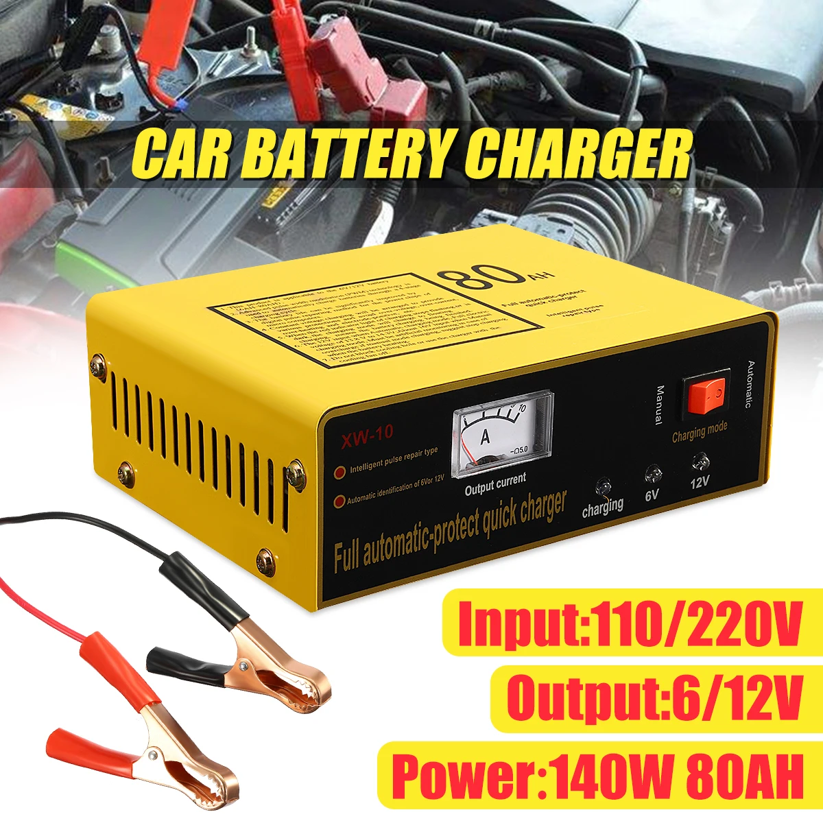 

Full Automatic Intelligent PWM 220V 6V/12V 80AH Car Battery Charger Negetive Pulse 50-60HZ 140W US Plug Three Charging Modes
